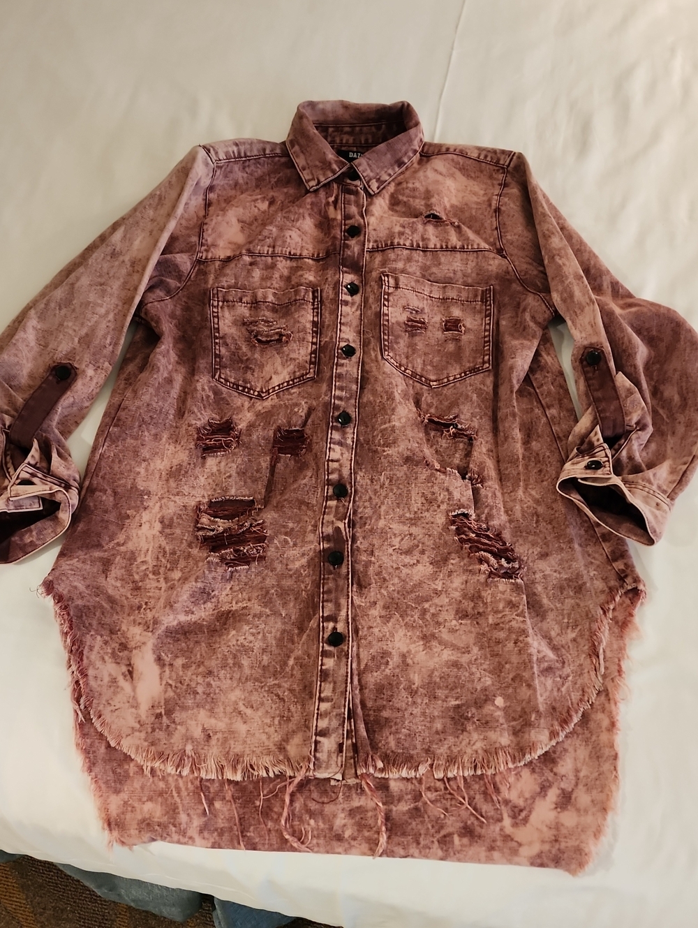 Distressed Long Sleeve Denim Shirt - Pink Wash